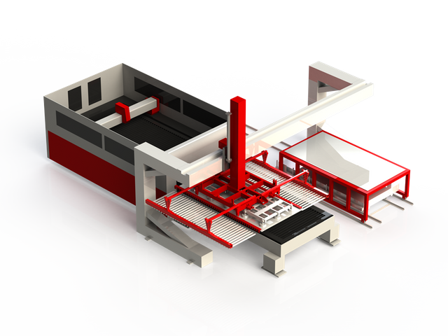 Sistema automático de carga e descarga horizontal de chapa metálica