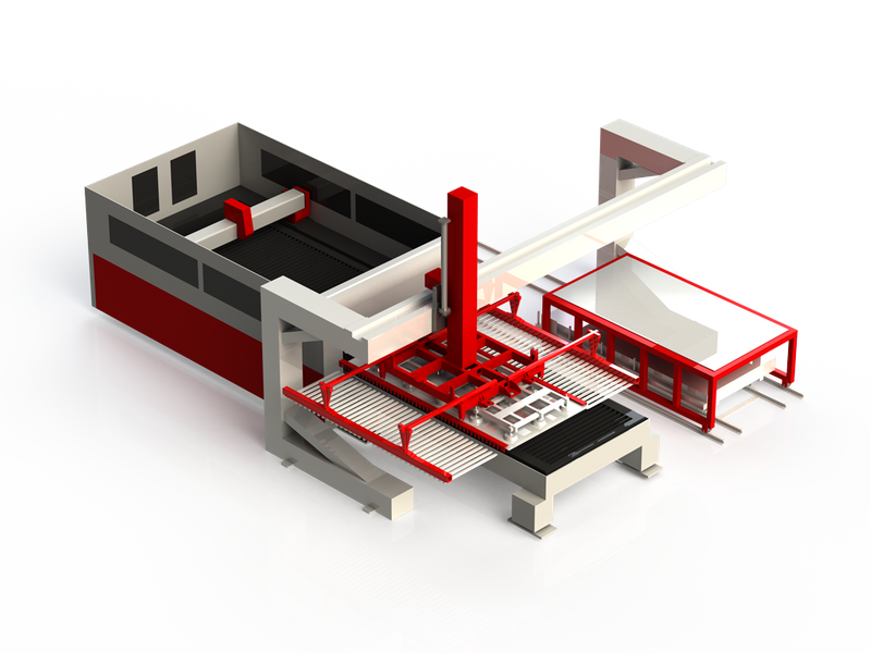 Sistema automático de carga e descarga horizontal de chapa metálica